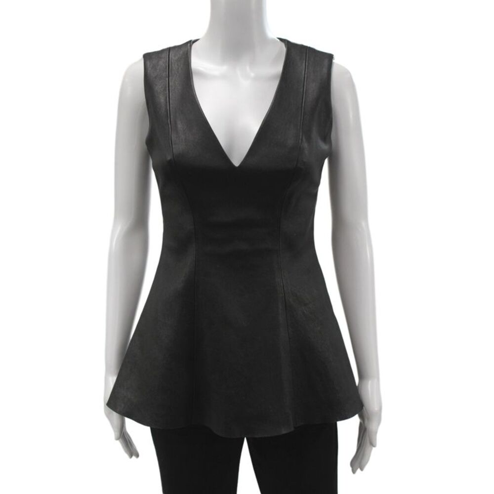 Cushnie Et Ochs Women Leather V-Neck Sleeveless Basic Tank Black Size 0